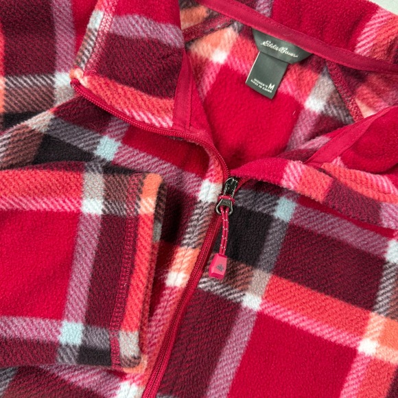 Eddie Bauer Sweaters - Eddie Bauer Quarter Zip Fleece Pullover Womens Med Red Plaid Camp Hike Cabincore
